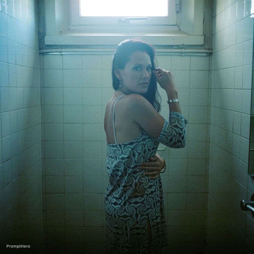AI generated: A topless woman with her head turned to look over her shoulder, one hand up next to her face. The di...