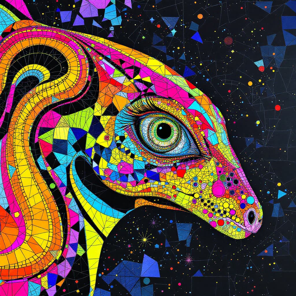 AI generated: mosaic of an alien animal in neon colors, Frank Lloyd, Eames, Mies van der Rohe, Howard Finster, hyp...