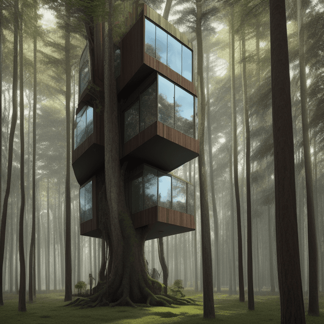 AI generated: building on a tree with panoramic windows made of a material similar to tree bark dark brown standin...