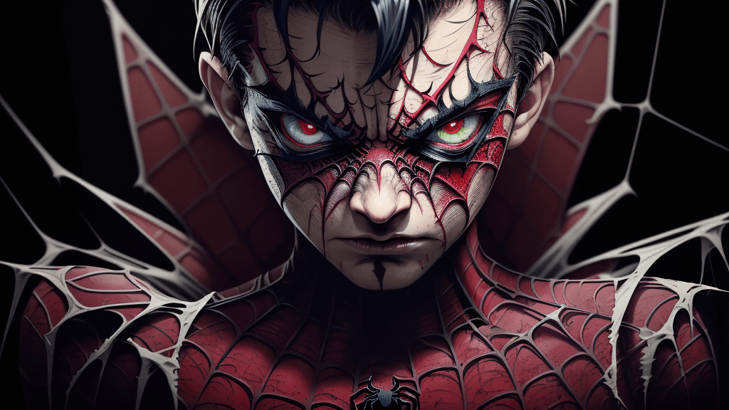 AI generated: in a funky background portrait of little evil vanquished Spider-Man, spiderweb wings, extremely Prom...