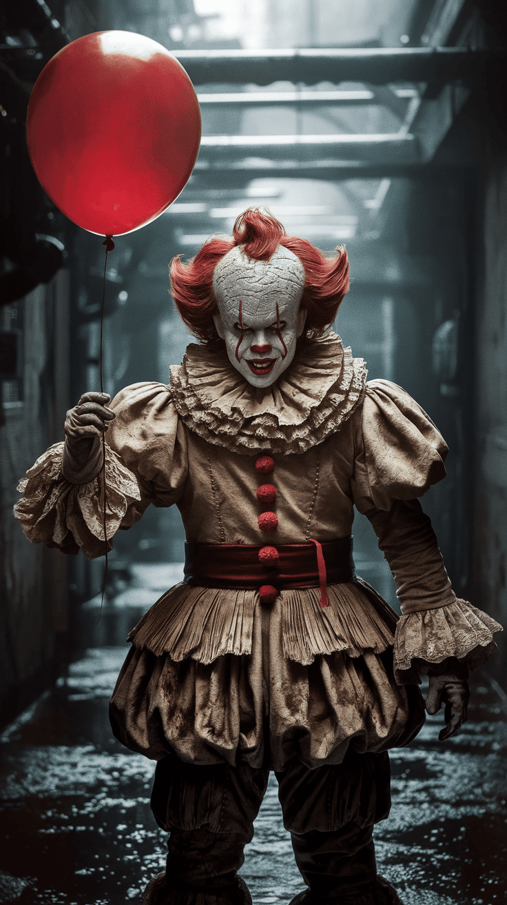 AI generated: « Image épique photoréaliste de Pennywise debout, posture menaçante avec son costume victorien bouff...