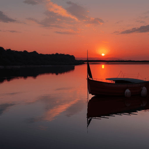 AI generated: Landscape with sunset and boat at dusk, there a few birds fly