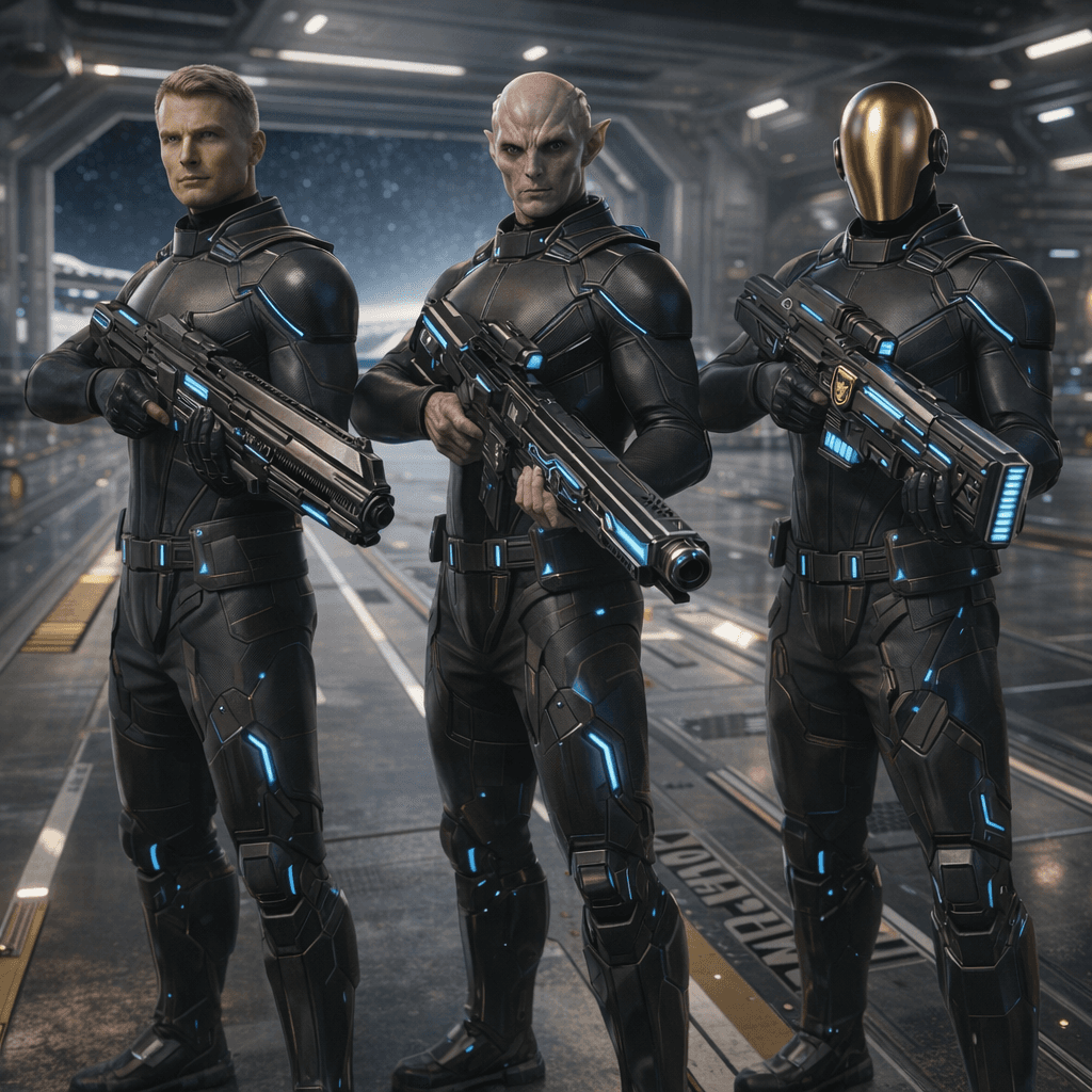 AI generated: Create an image where all the charactes are  holding the reference weapons in a formation. Change ba...