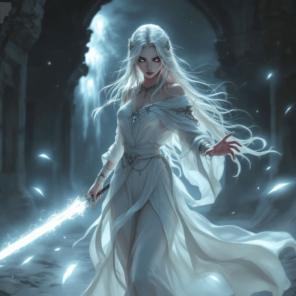 AI generated: 11. The Spectral Blade Weaver: A haunting and graceful warrior with long, platinum blonde hair that ...