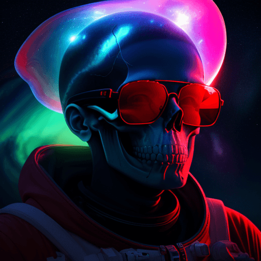 AI generated: skull wearing red sunglasses| wearing cosmonaut suit| portrait and science fiction theme| aurora lig...