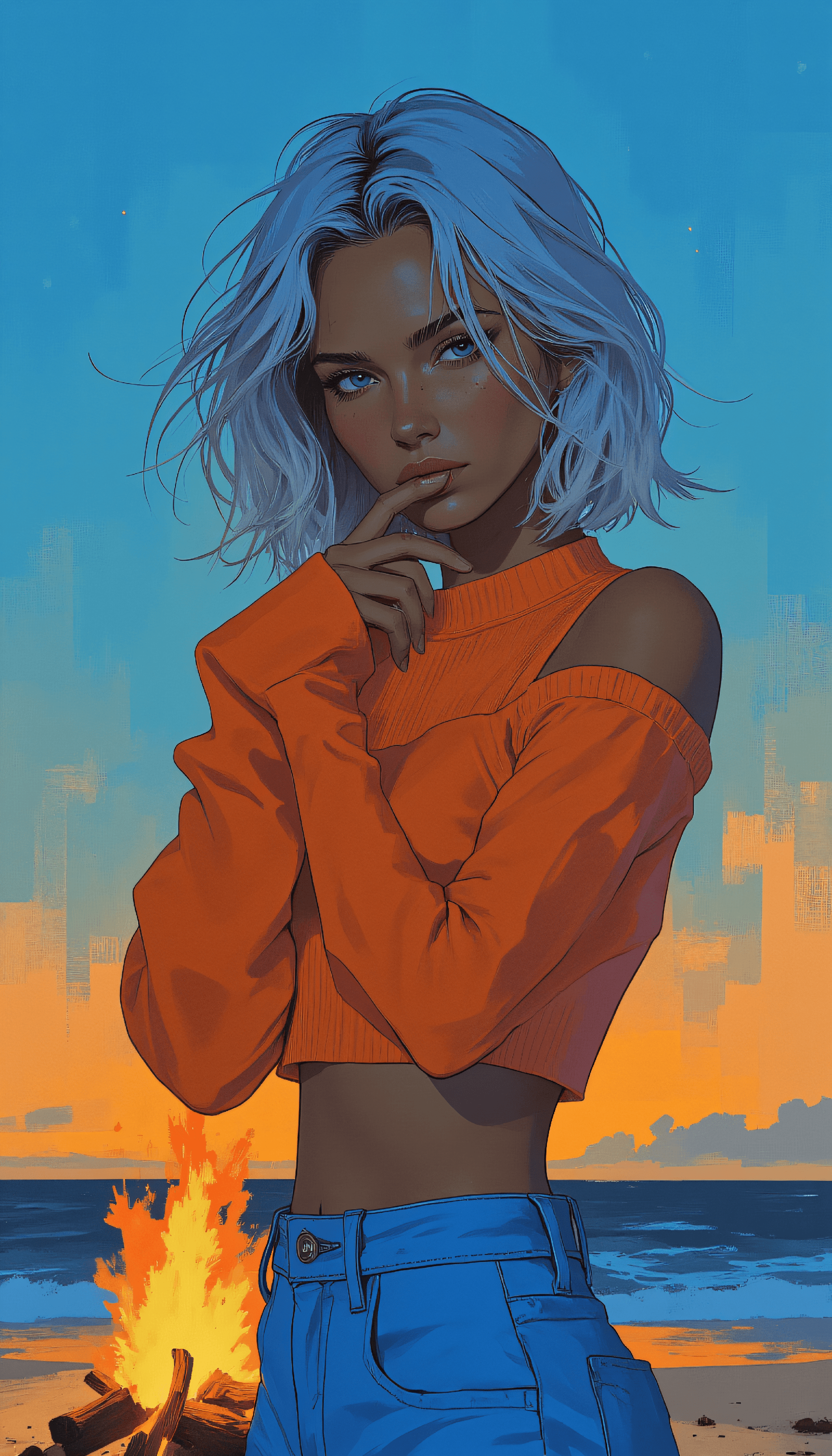 AI generated: semi-realistic fashion digital painting, in bright, airy aesthetic with moderatly saturated blue ton...