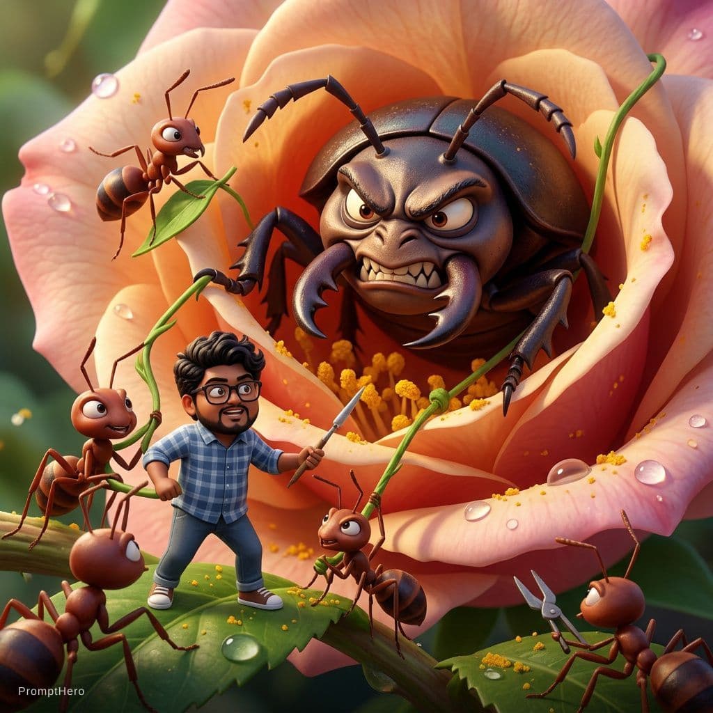 AI generated: An animation of several ants working together to defeat a giant villain in a flower.