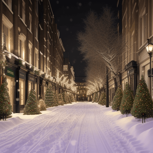 AI generated: a street in London lined with christmas trees along with snow, in the style of old-world charm, Chri...