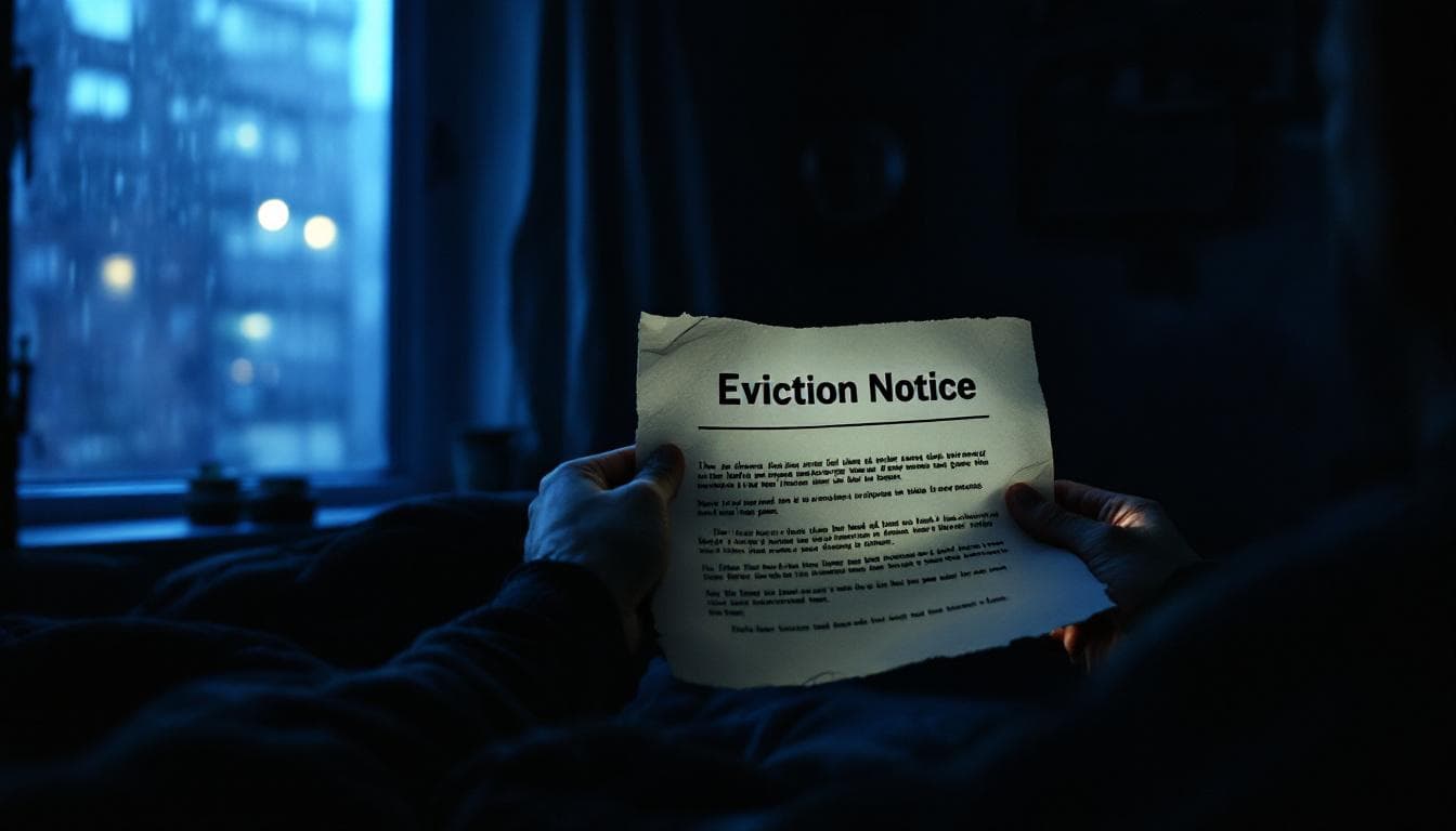 AI generated: Cinematic, ultra-realistic POV shot inside a small Berlin apartment at night. Very low moody lightin...