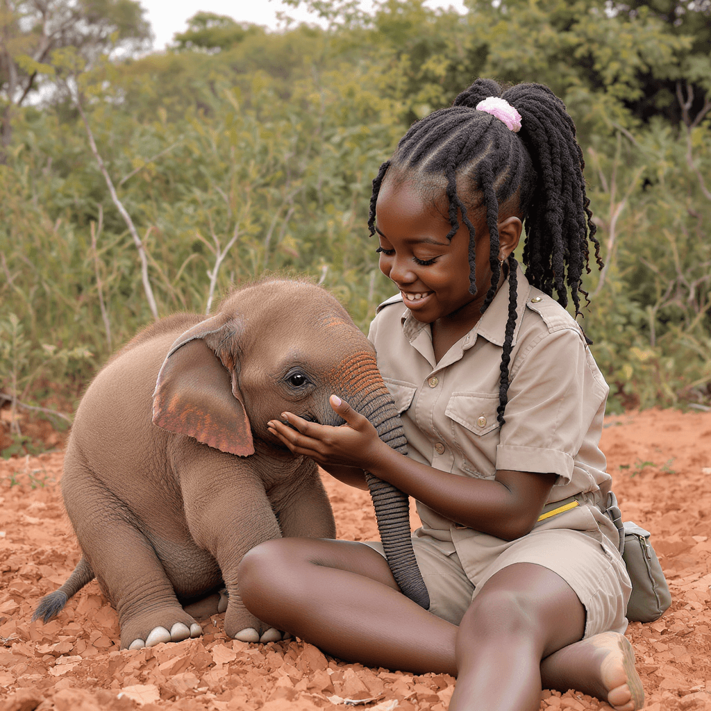 AI generated: full-body view: A young African American girl with locs in a ponytail wearing a safari outfit is sit...