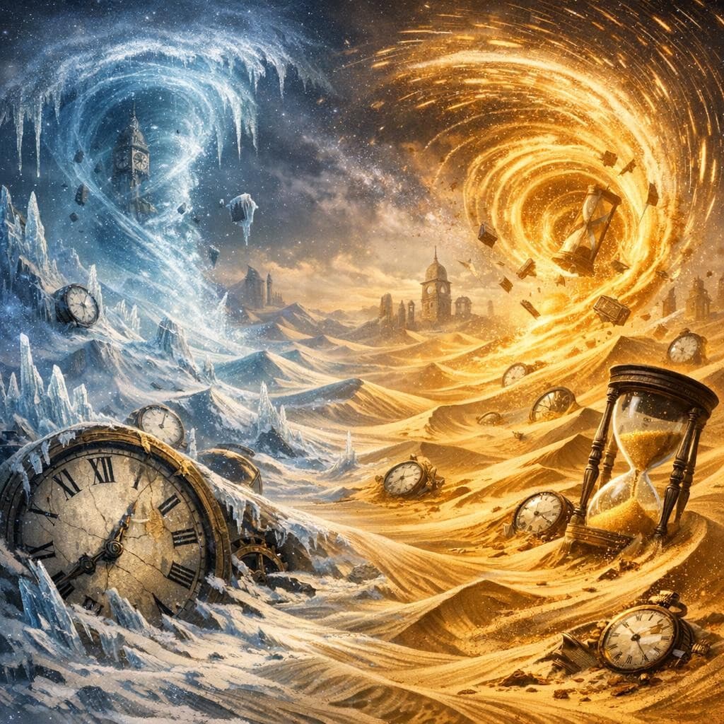 AI generated: Create a unique environment/Biome of a (Time) → The Chrono Dunes (shifting sands of frozen and fast-...