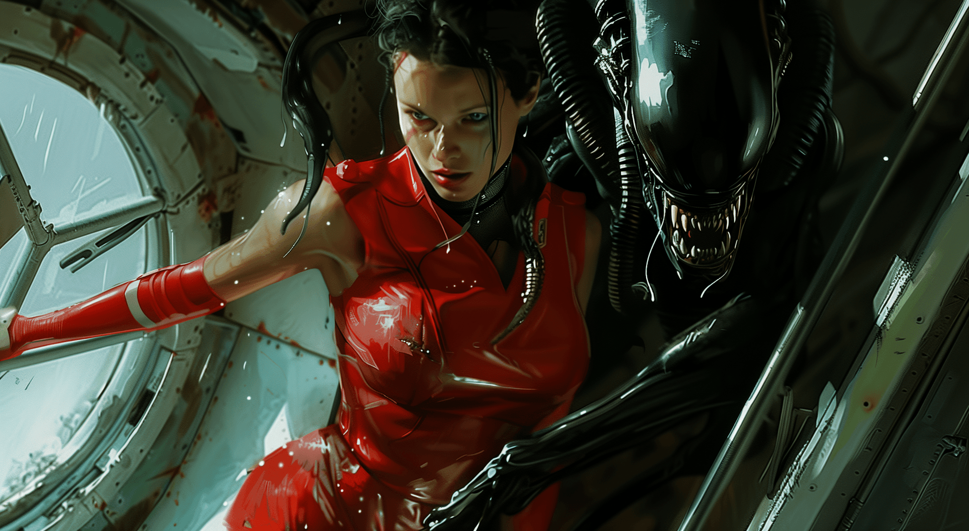 AI generated: A female alien in a red bodysuit is stepping out of her spaceship, and an evil black xenomorph woman...