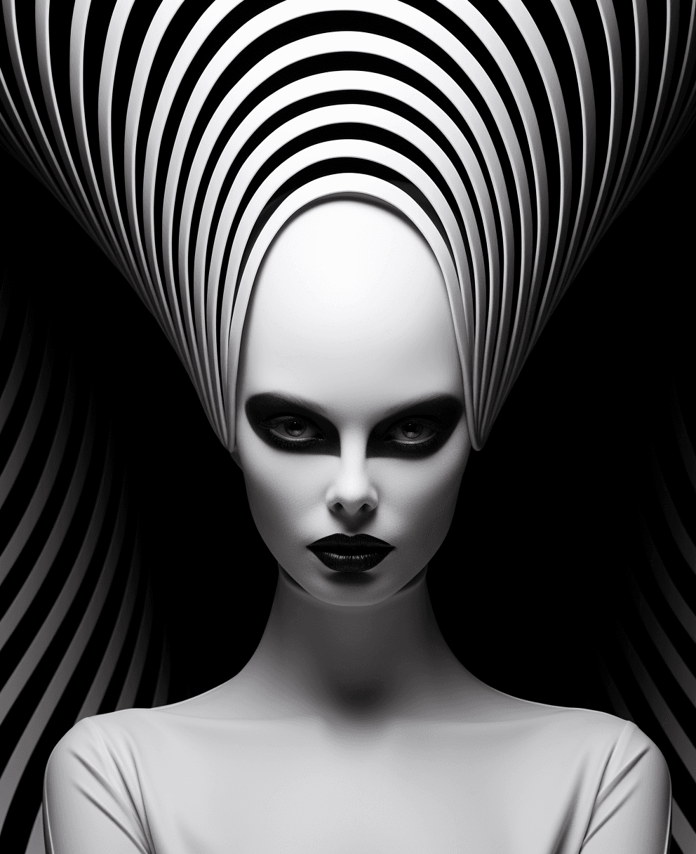 AI generated: Black and white photography of an alien woman with a surreal abstract head, in the style of designed...