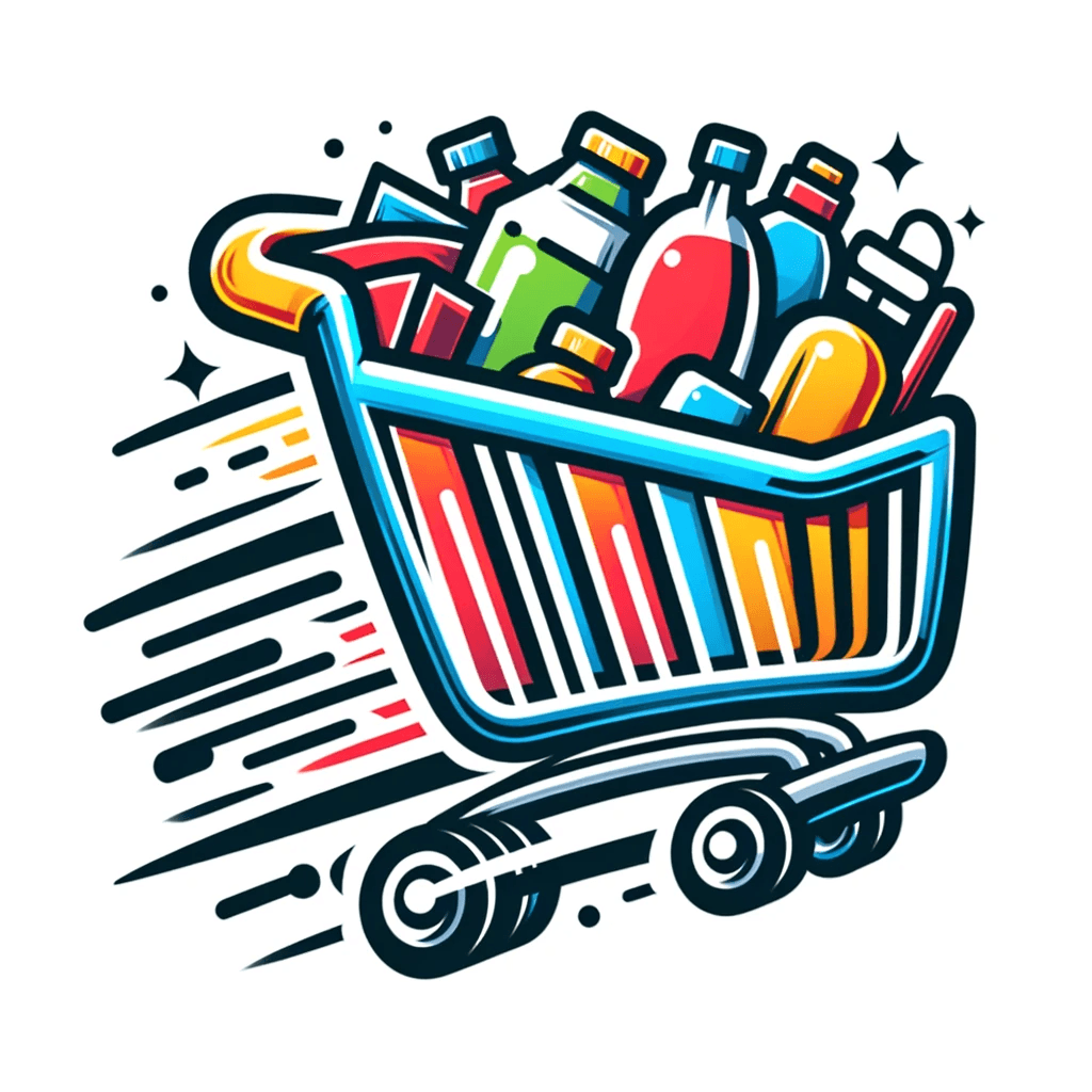 AI generated: A logo featuring a cartoon-style shopping cart filled with products, designed to look as if it's mov...