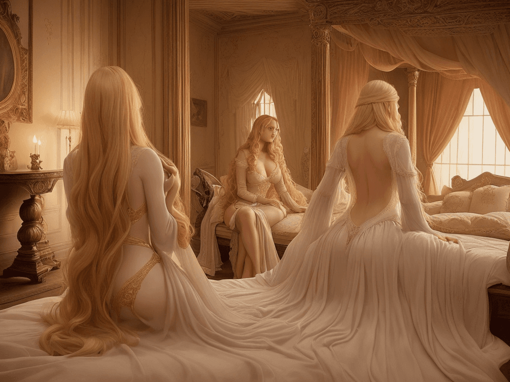 AI generated: The image depicts two women in intimate attire, posing in a lavish bedroom within a medieval castle....