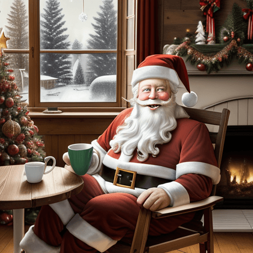 AI generated: Hyper realistic Santa Claus with a happy, bright face, with radiant eyes, a big smile, reading, sitt...