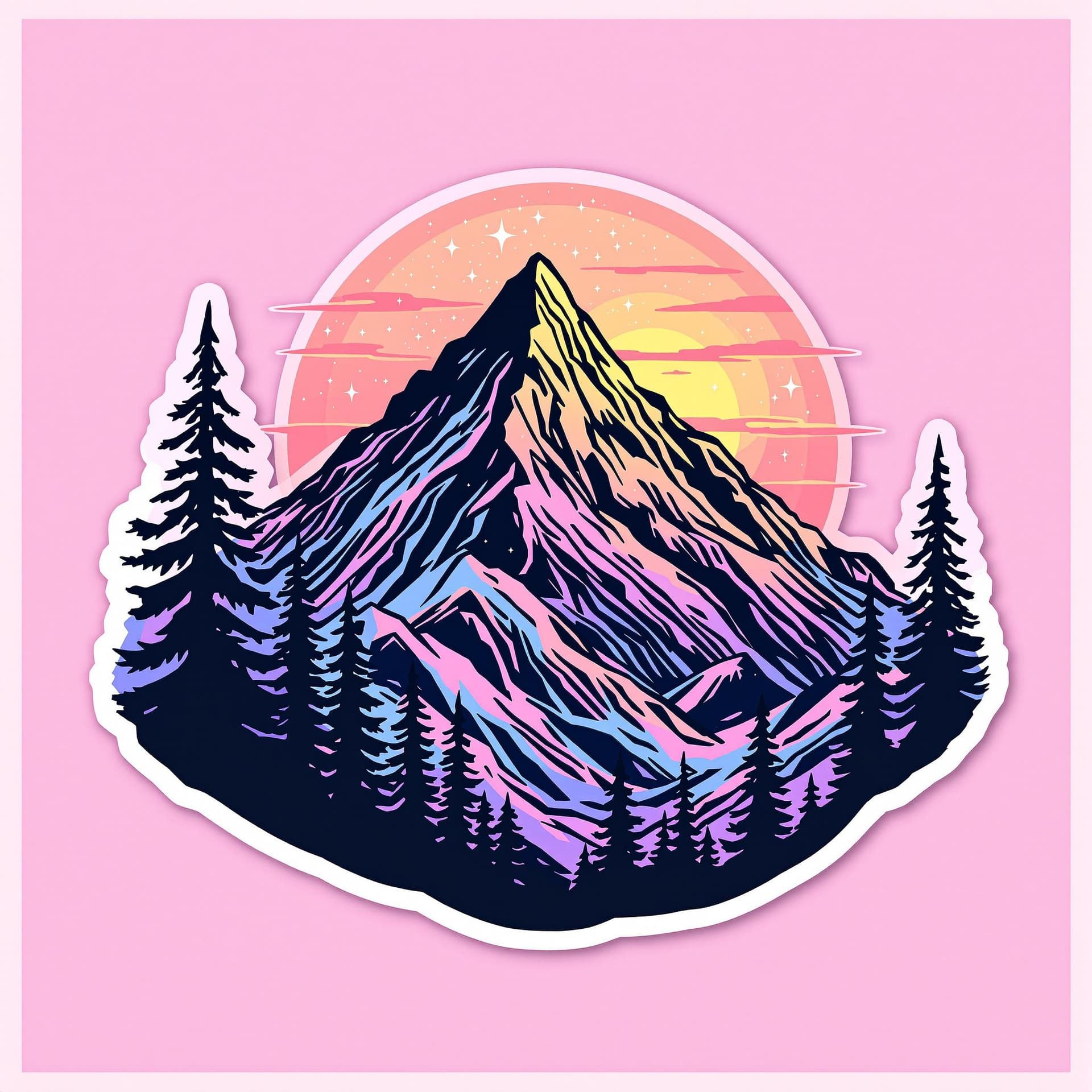 AI generated: A vibrant retro mountain sticker, showcasing a minimalist mountain peak with soft pastel colors and ...