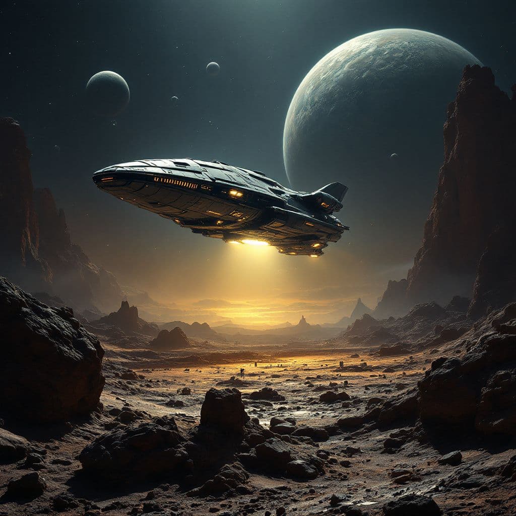 AI generated: A scene of a spaceship landing on an alien planet. The style is reminiscent of a science fiction mov...