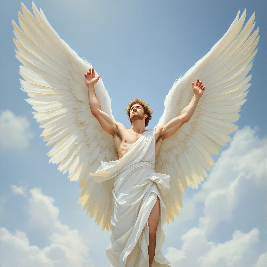 AI generated: An artist's painting of a masculine male, a strong angel, light brown hair, a clean-shaven face, arm...