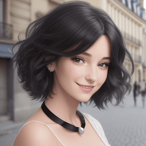 AI generated: Image type dessin animé femme cheveux bouclés court peau noire avec un collier écrit Rich’Ella Paris...