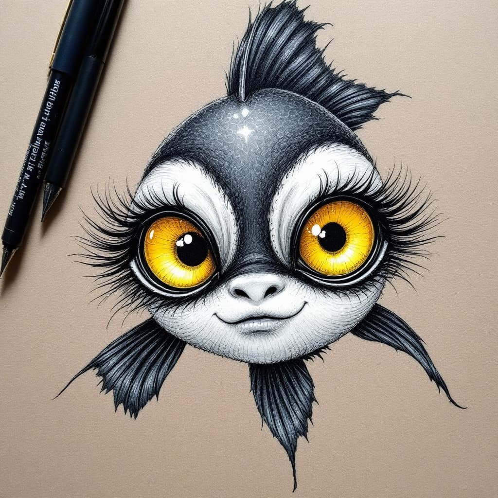 AI generated: pen art, beautiful glad little black fish ,  big eyes, complementing his somber yellow eyes, skin is...