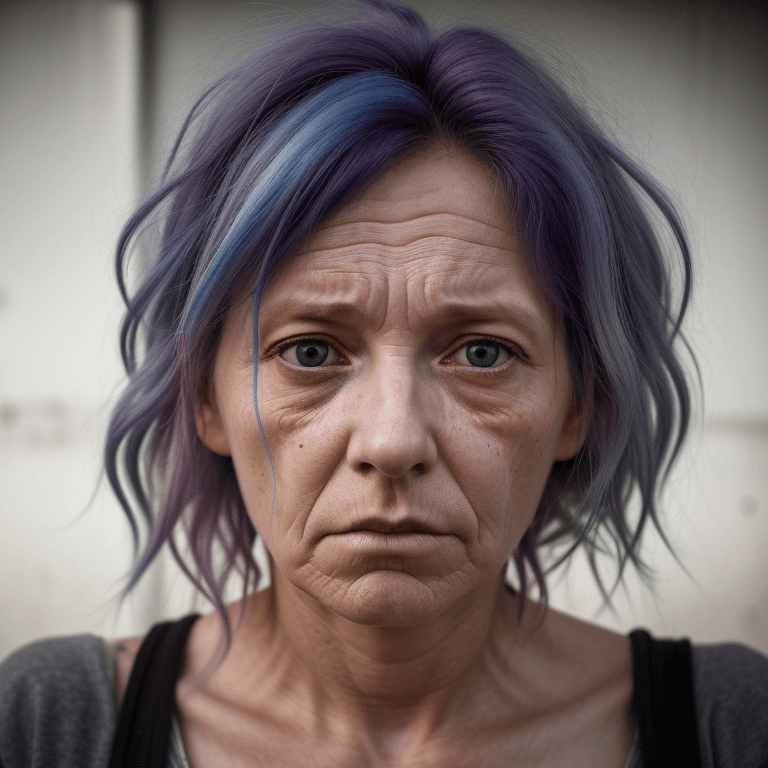 AI generated: hyper realistic headshot photo of a 40 year old, lightly overwight unkempt woman, homeless, colored ...