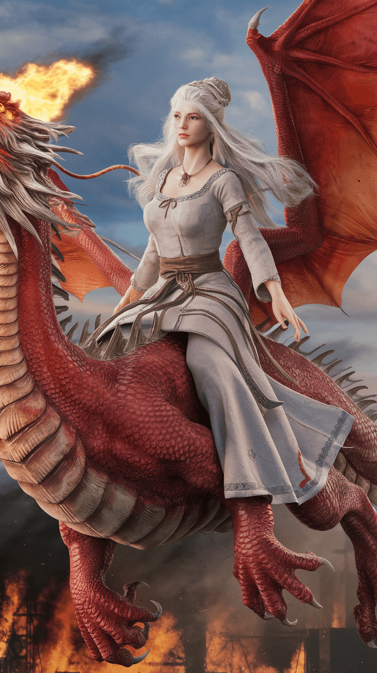 AI generated: Pretty lady wearing a hot slim  ancient queen clothes with white long hair . 
She is riding on the b...