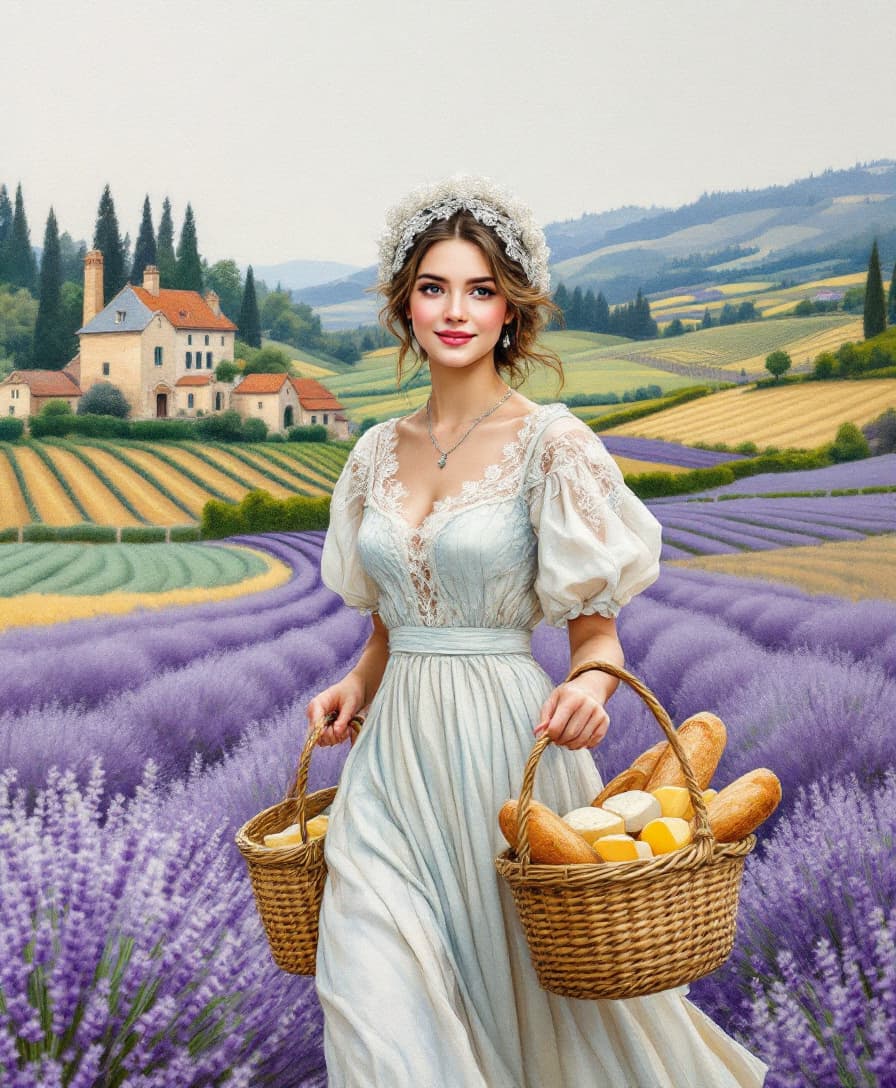 AI generated: A drawing of a beautiful French girl with a hint of a smile, wearing a traditional "coiffe" (lace he...