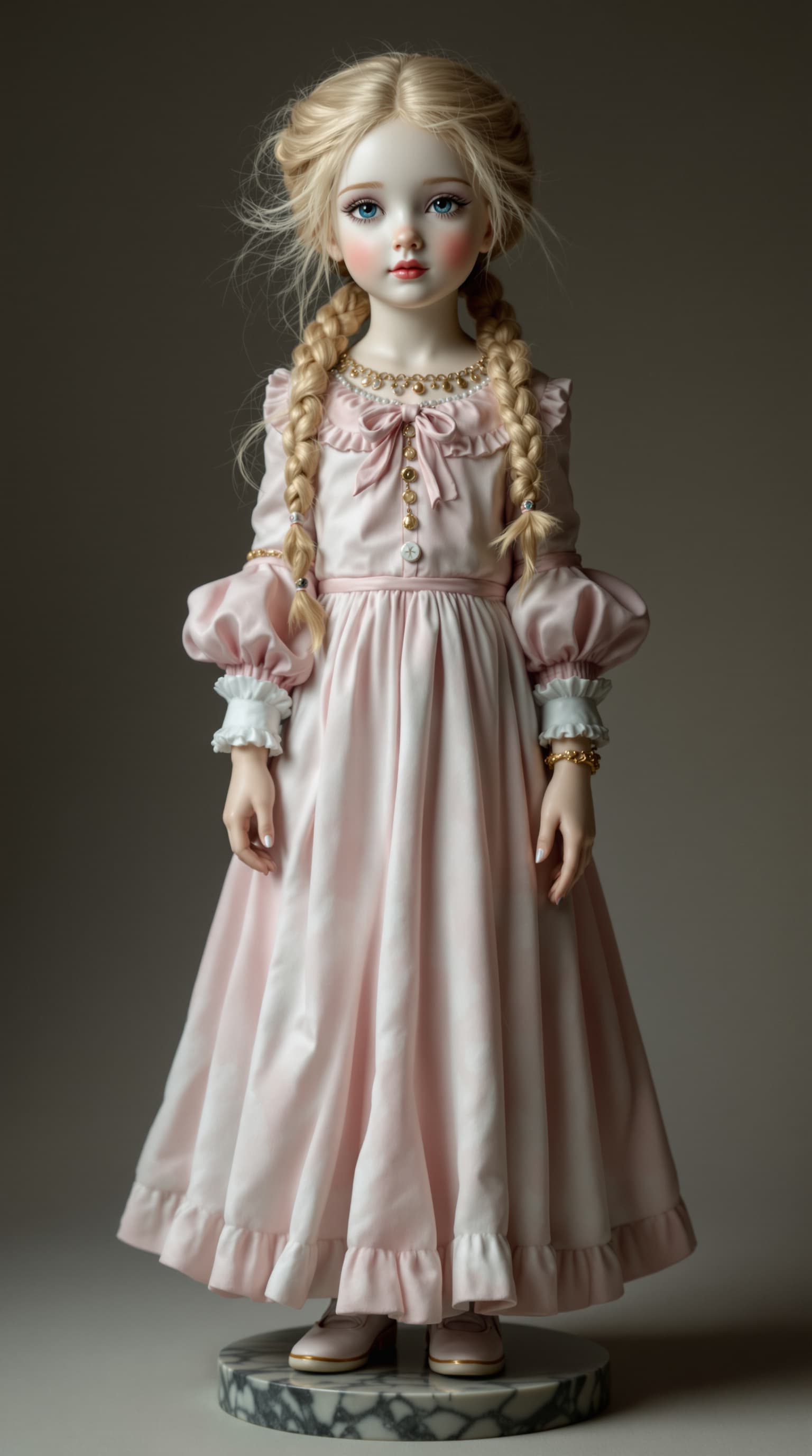 AI generated: A professional photograph captures the exquisite antique porcelain figurine of a ten-year-old girl, ...