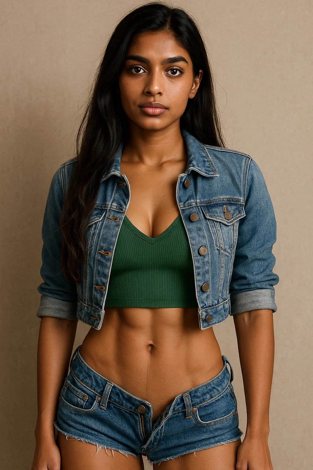 AI generated: indian girl, age: 19, wears a Green sleeveless cleavage top, Denim high crop Jacket, , brown waist l...