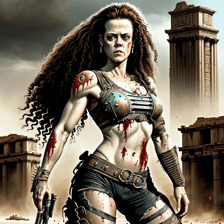 AI generated: portrait of beautiful slim Sigourney Weaver as a mad max post apocalyptic female warrior, strong, mu...