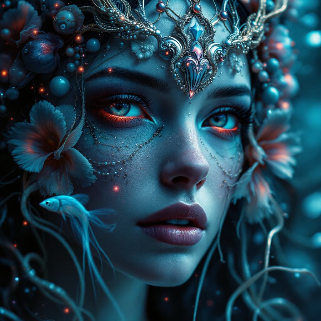 AI generated: Goddess close-up portrait ribcagel. jellyfish phoenix head, nautilus, orchid, skull, betta fish, bio...