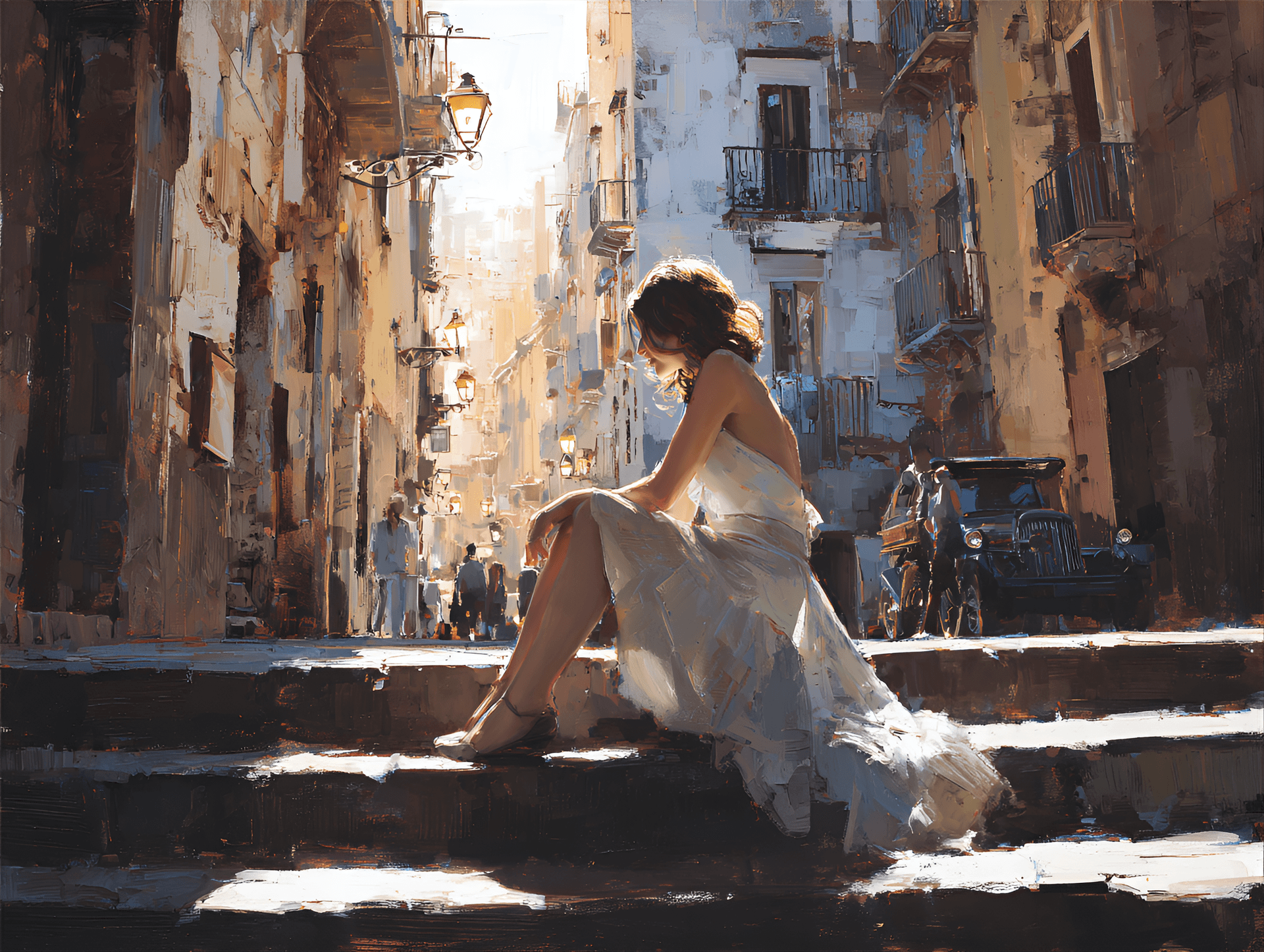AI generated: artistic illustration depicting a woman in an elegant white dress sitting on stone steps in what app...