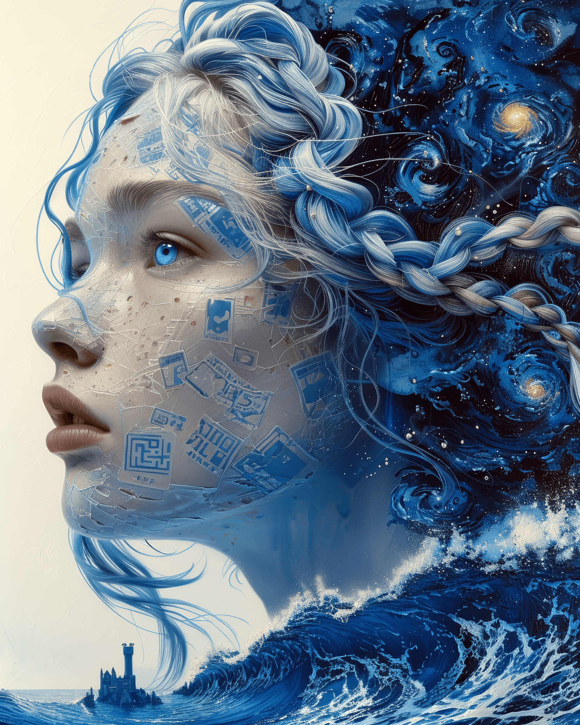 AI generated: Birth of Venus painting with pure white shiny translucent skin android with large tribal qrcode tatt...