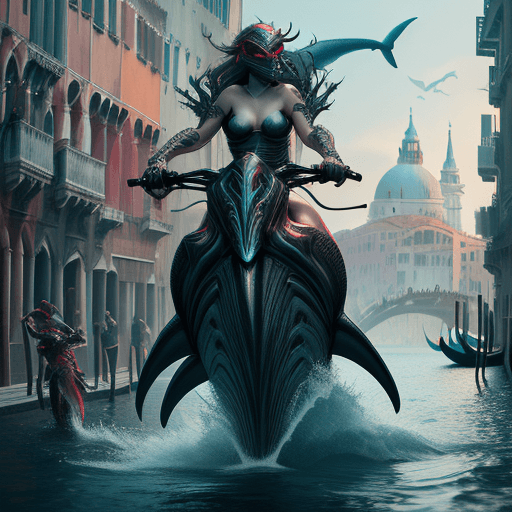 AI generated: mermaid riding a shark, red eyes, mask, cyberpunk,, venice, intricate artwork . octane render, trend...