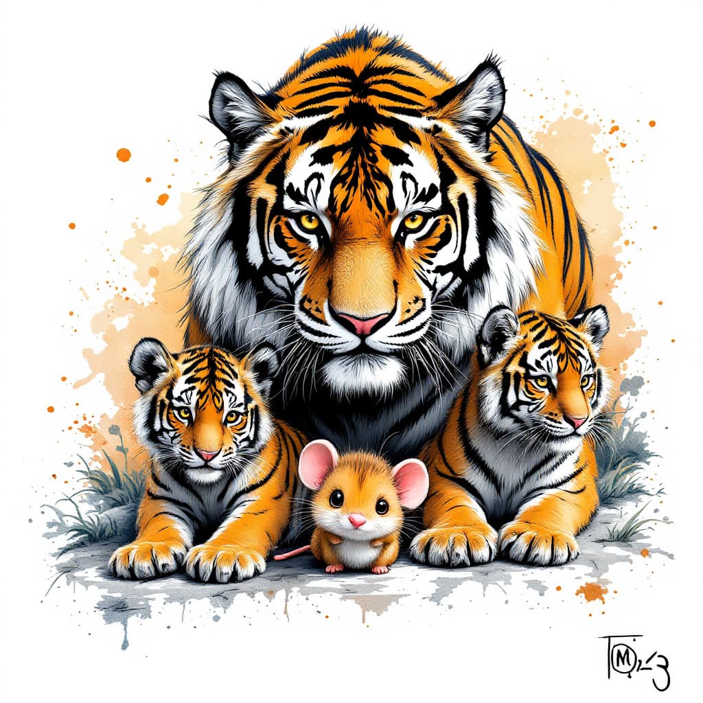 AI generated: a tiger and two tiger cubs, and a oversized mouse,ferocious, detailed,full-body shots,ink style,Ink ...