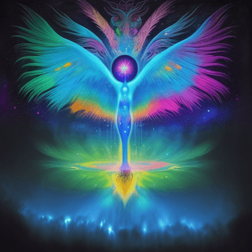 AI generated: pintura psicodélica estilo mundo mágico,  cogumelos mágicos,  rios coloridos, seres extraterrestres,...
