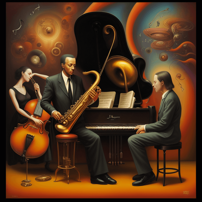AI generated: music Album cover picture, jazz, surreal art, oil picture, music instruments, 