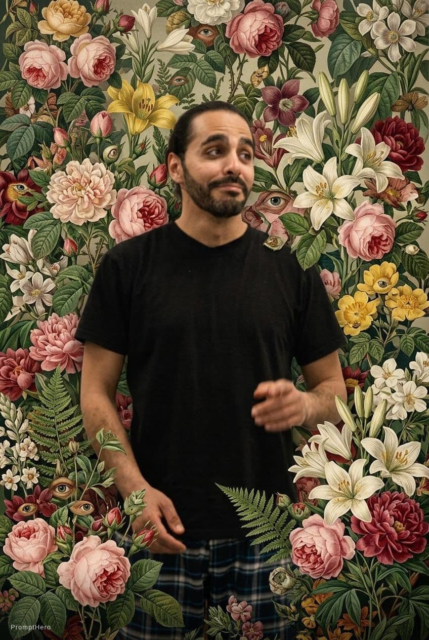 AI generated: man in flowers by artist arne thun, in the style of natalia rak, 8k resolution, vintage aesthetics, ...