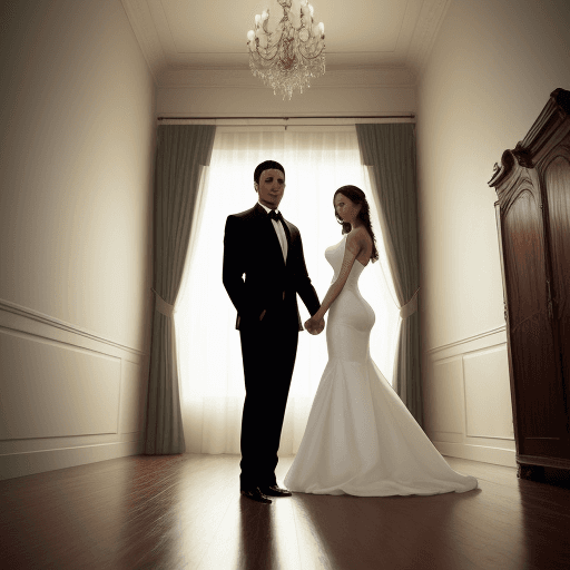 AI generated: masterpiece, couple in a room, holding hands, full body, side by side, latinos, formal style