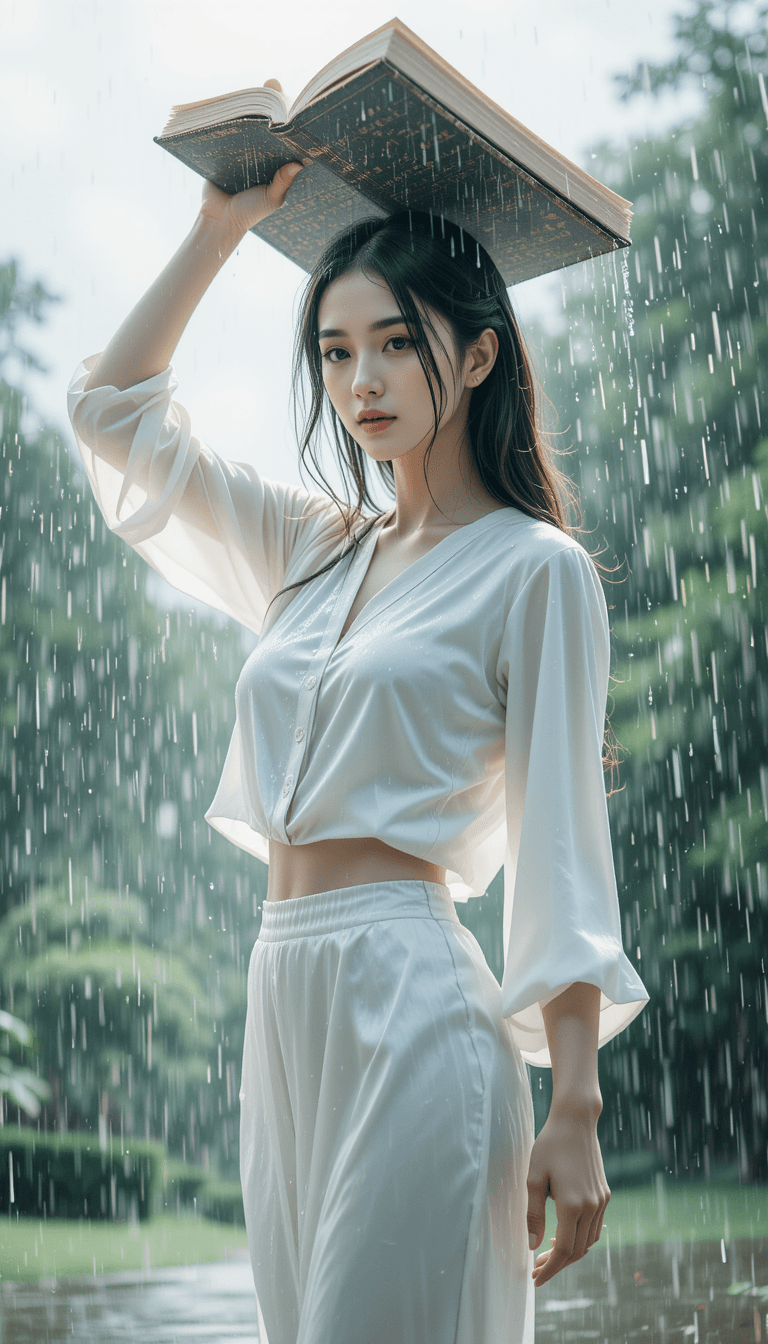 AI generated: A slender woman, drenched in a white silk blouse and matching skirt, stands under the rain in a sere...