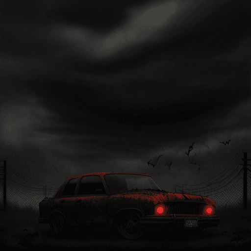 AI generated: GRAPHIC rusty color tones, Car Alsvin dark colors, halloween , bats, spiderweb , gothic, dark, horro...