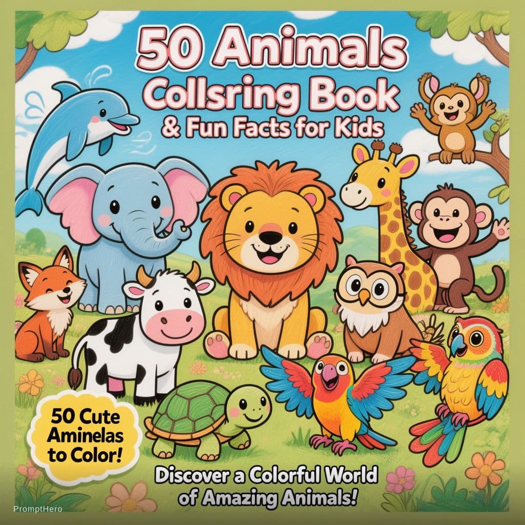 AI generated: A vibrant and playful children's coloring book cover for **'50 Animals Coloring Book & Fun Facts for...