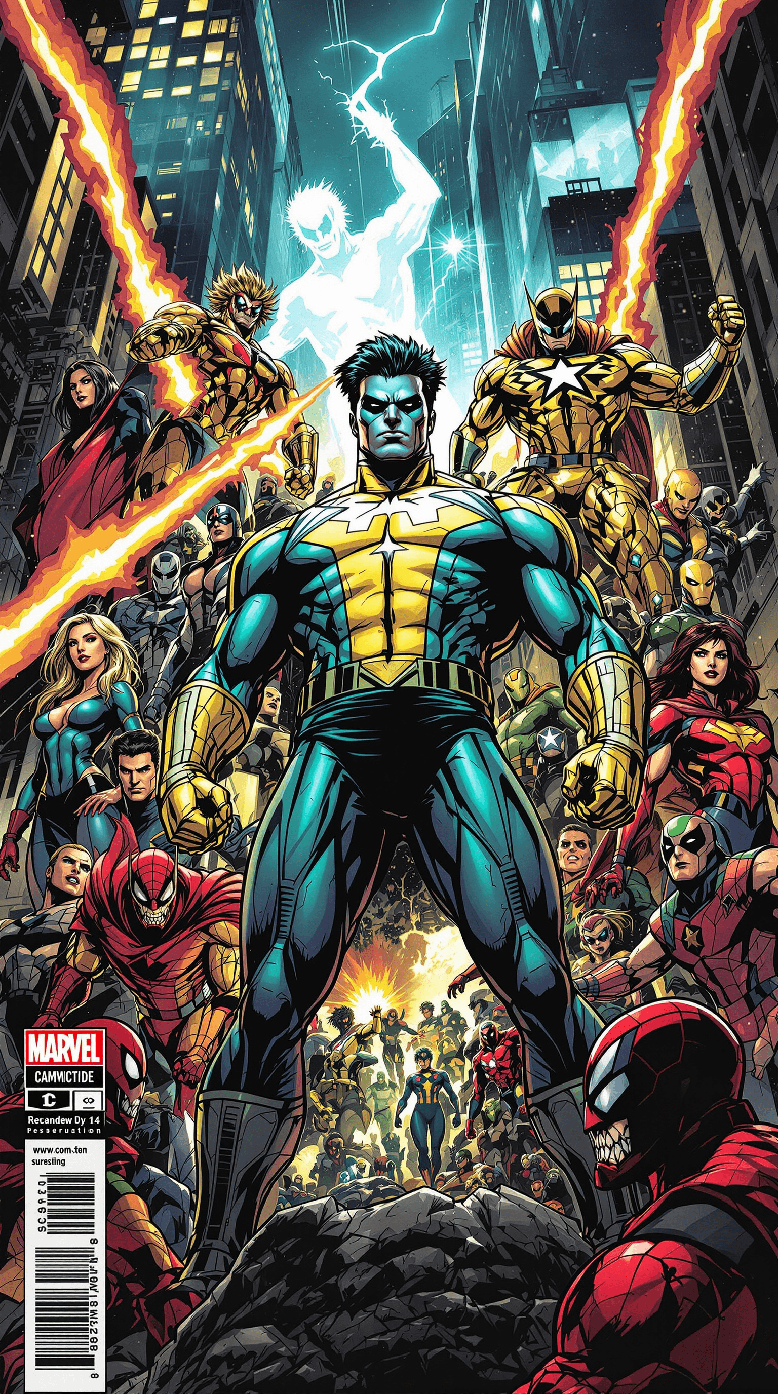AI generated: Design a dynamic comic scene in Marvel style, featuring a powerful central hero in the middle. The h...