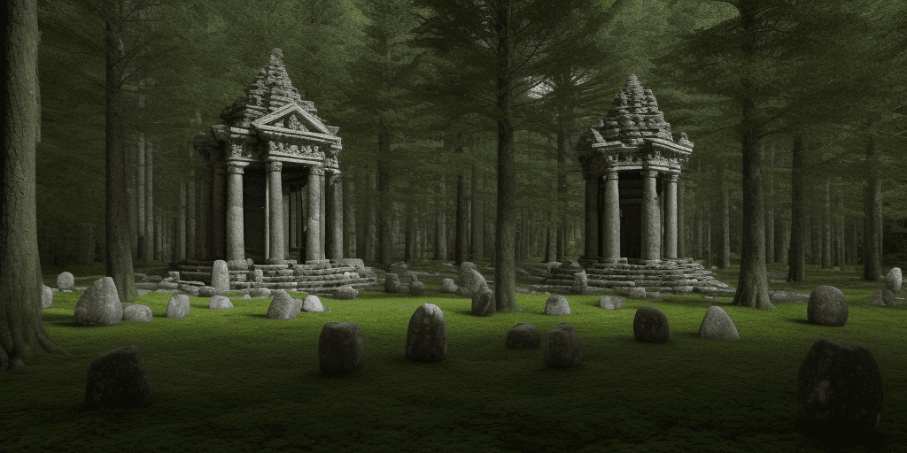 AI generated: A old pagan temple made out of stones in a primeval forest.