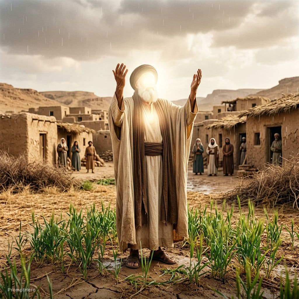 AI generated: A wise elderly man named Buzrg, standing in a small 7th-century village, wearing long flowing tradit...