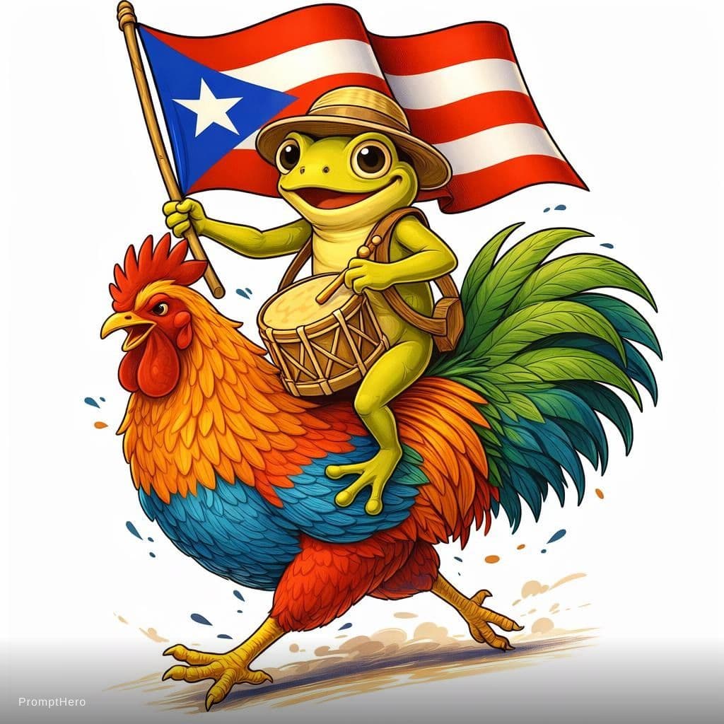 AI generated: funny cartoon frog riding a proud rooster, the frog holding a waving flag with one hand and playing ...