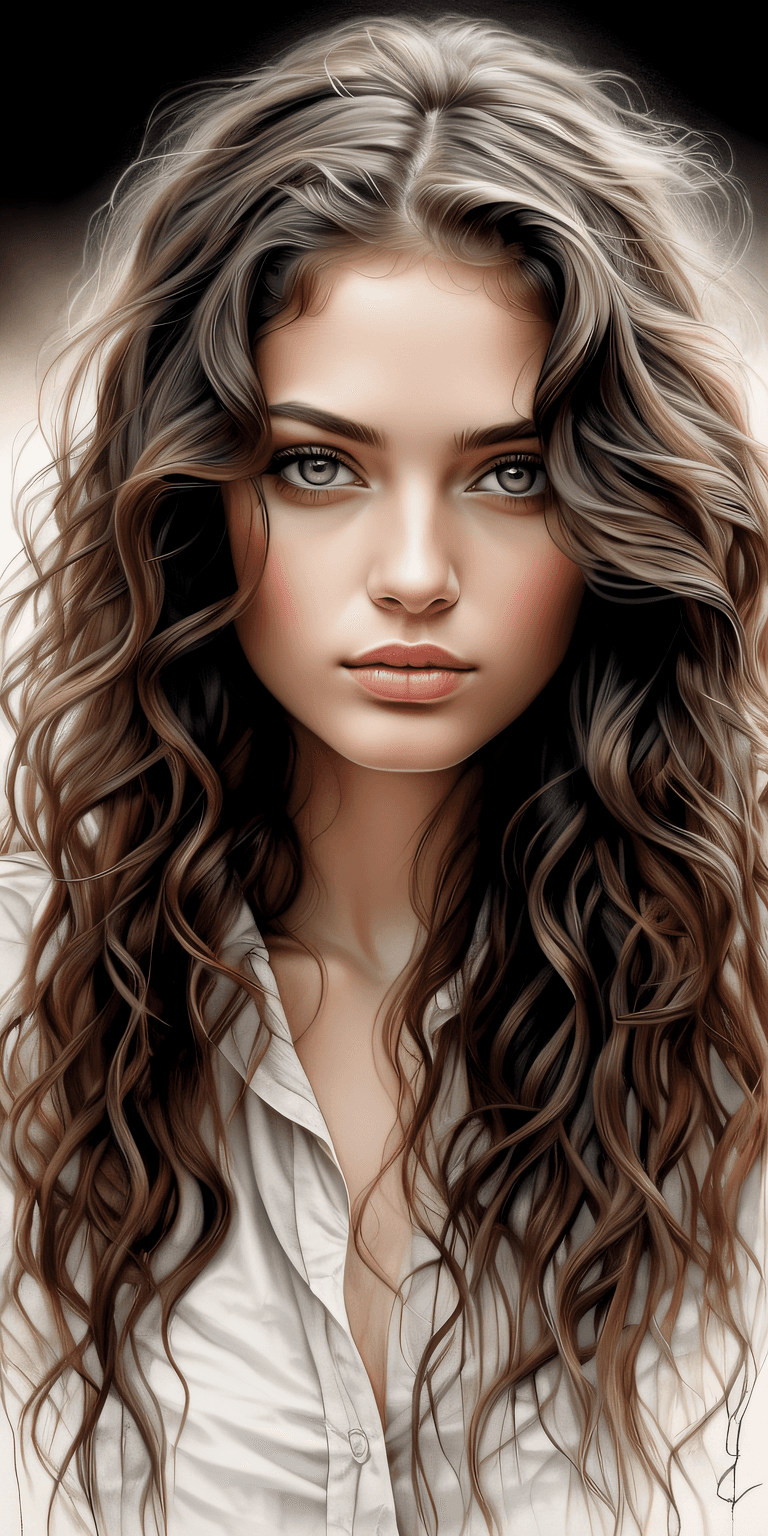 AI generated: light natural tones , pencil drawing , watercolor drawing, portrait of a woman with long curly hair ...