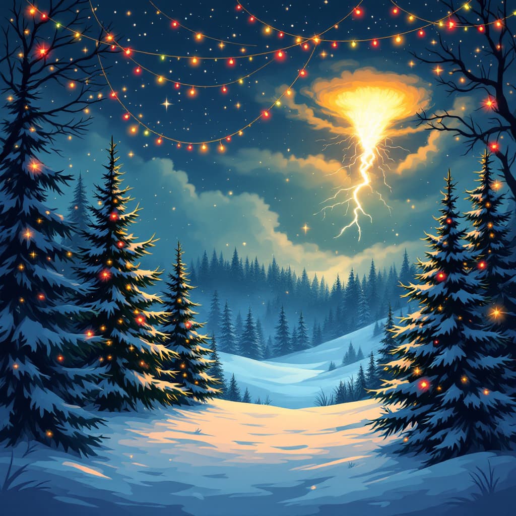 AI generated: Christmas night background with christmas tree silhouettes, garland decoration vector illustration. ...