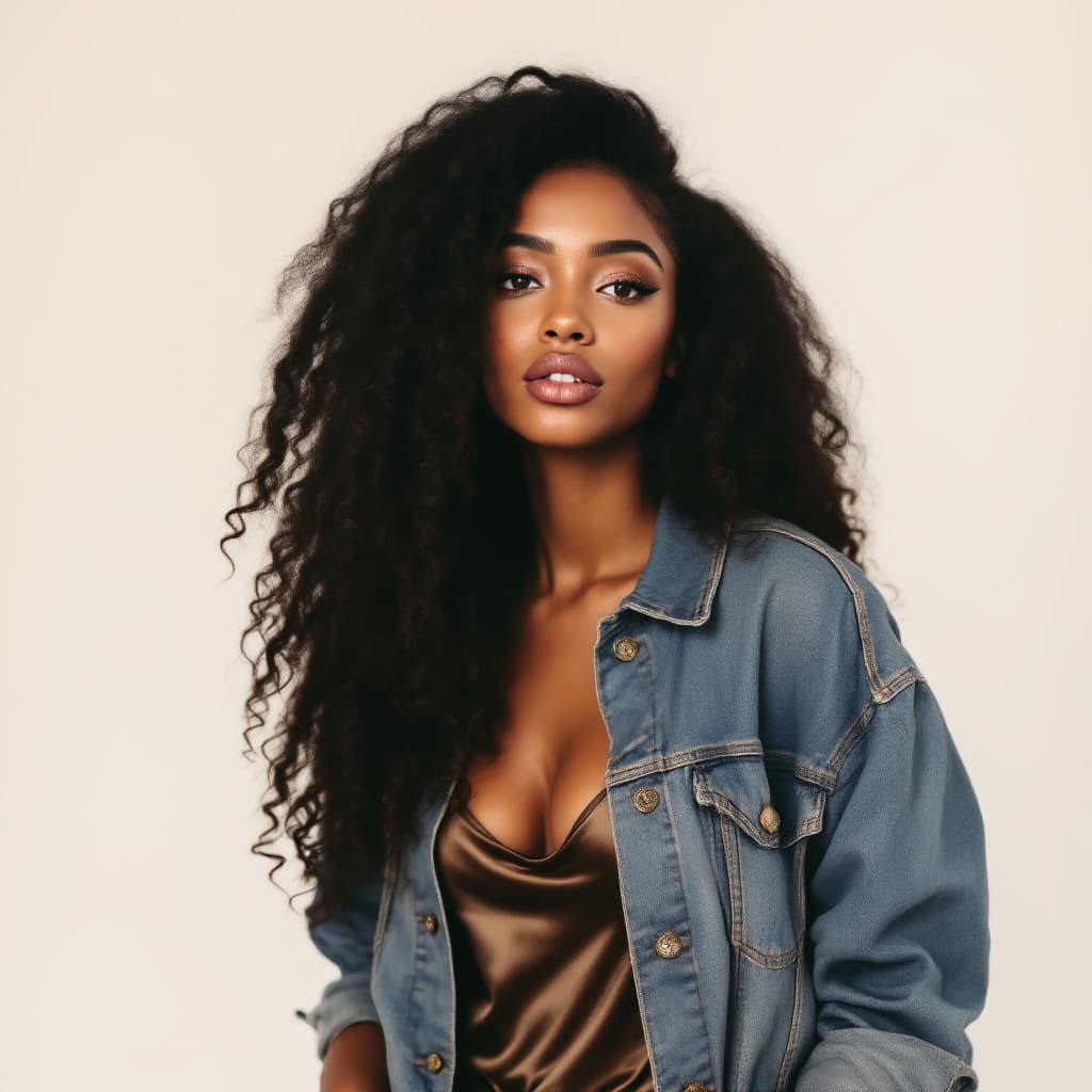 AI generated: A 23-year-old mixed-race woman with light caramel skin and long voluminous curly hair, wearing a den...